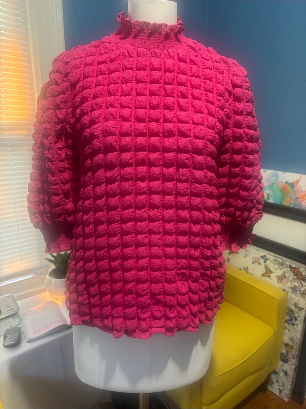 English Factory Bright Pink Puff-Sleeve Cowl Neck Sweater